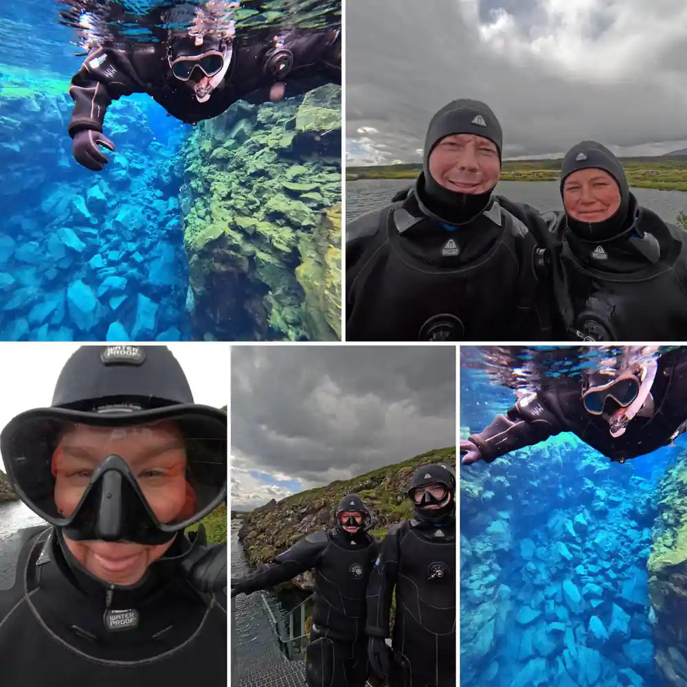 Collage of divers snorkeling in clear water and moorland