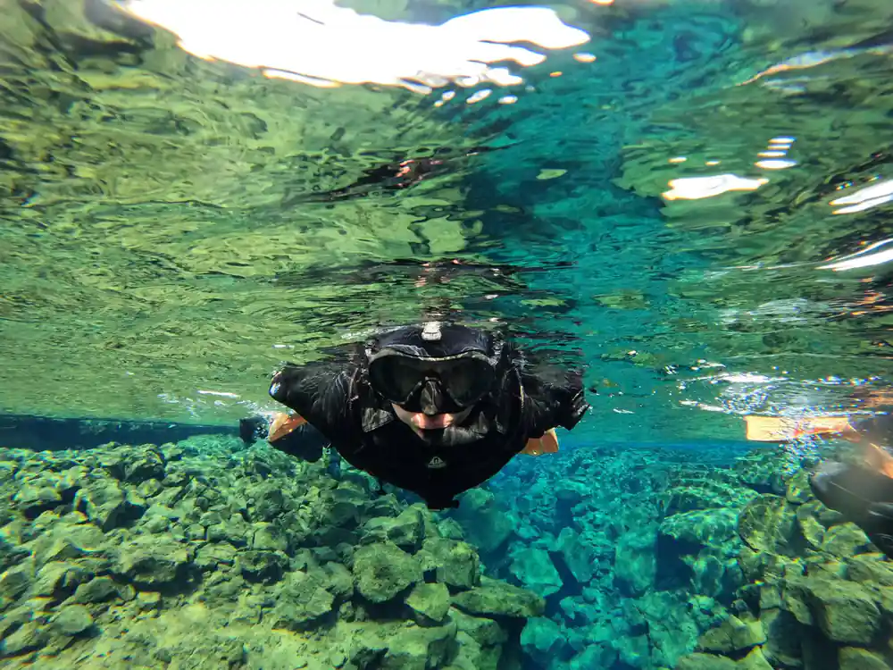 Diver swimming face-down over colorful rocky bottom