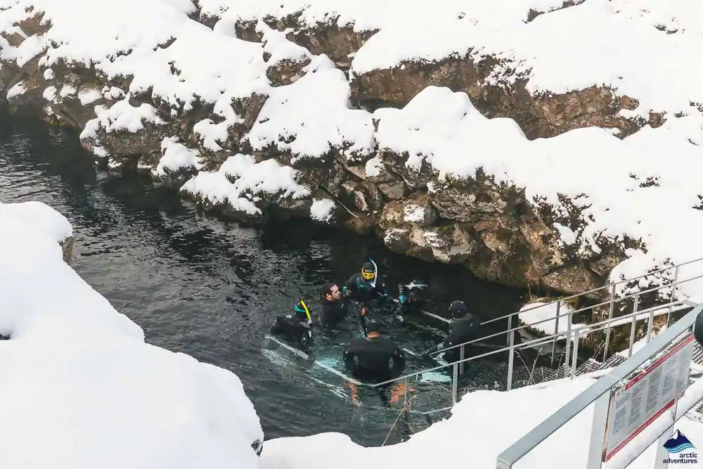 Divers in water next to snow-covered rocks with platform
