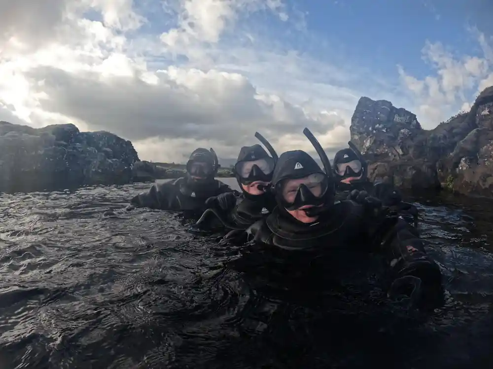 Group of divers in wetsuits at water surface