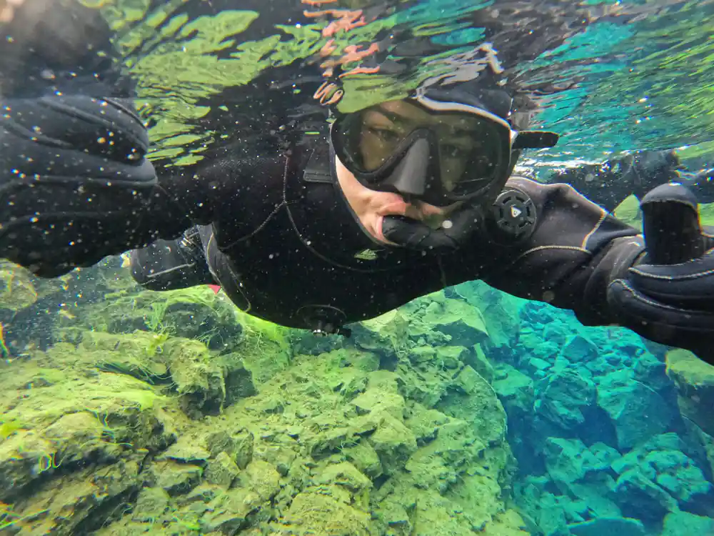 Snorkeler in clear water with green rocky bottom