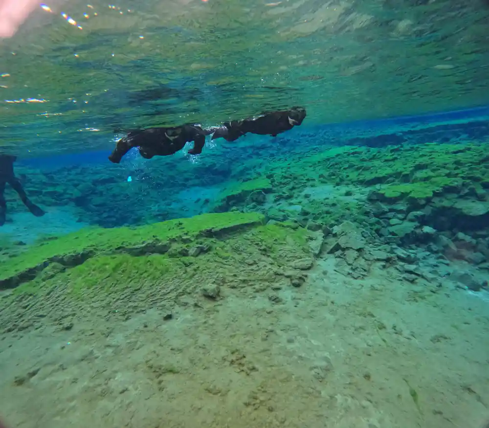 Two snorkelers swimming underwater in clear turquoise water